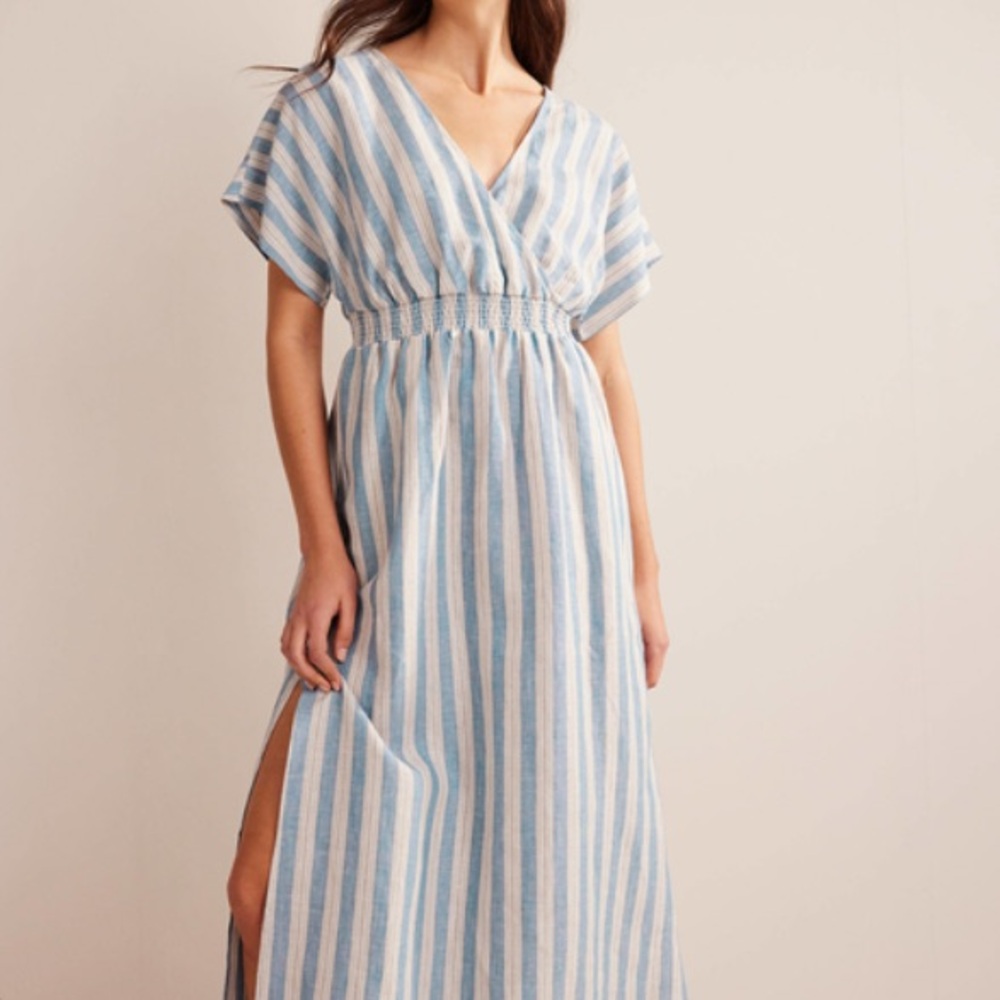 Boden Women’s Linen Kaftan Dress in Porcelain Blue Lurex Stipe - Picture 2 of 11